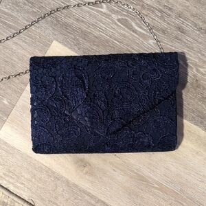 Navy Lace Envelope Clutch with Chain Strap - Women's Evening Bag